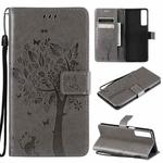 For LG Stylo 7 5G / 4G Tree & Cat Pattern Pressed Printing Horizontal Flip PU Leather Case with Holder & Card Slots & Wallet & Lanyard(Gray)