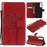 For LG Stylo 7 5G / 4G Tree & Cat Pattern Pressed Printing Horizontal Flip PU Leather Case with Holder & Card Slots & Wallet & Lanyard(Red)