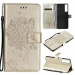 For LG Stylo 7 5G / 4G Tree & Cat Pattern Pressed Printing Horizontal Flip PU Leather Case with Holder & Card Slots & Wallet & Lanyard(Gold)