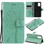 For OPPO F19 / A74 4G Tree & Cat Pattern Pressed Printing Horizontal Flip PU Leather Case with Holder & Card Slots & Wallet & Lanyard(Green)