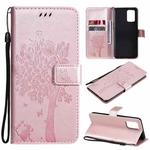 For OPPO F19 / A74 4G Tree & Cat Pattern Pressed Printing Horizontal Flip PU Leather Case with Holder & Card Slots & Wallet & Lanyard(Rose Gold)