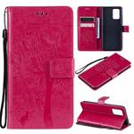 For OPPO F19 / A74 4G Tree & Cat Pattern Pressed Printing Horizontal Flip PU Leather Case with Holder & Card Slots & Wallet & Lanyard(Rose Red)