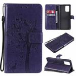 For OPPO F19 / A74 4G Tree & Cat Pattern Pressed Printing Horizontal Flip PU Leather Case with Holder & Card Slots & Wallet & Lanyard(Purple)