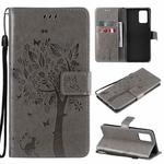 For OPPO F19 / A74 4G Tree & Cat Pattern Pressed Printing Horizontal Flip PU Leather Case with Holder & Card Slots & Wallet & Lanyard(Gray)