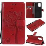 For OPPO F19 / A74 4G Tree & Cat Pattern Pressed Printing Horizontal Flip PU Leather Case with Holder & Card Slots & Wallet & Lanyard(Red)