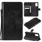 For OPPO F19 / A74 4G Tree & Cat Pattern Pressed Printing Horizontal Flip PU Leather Case with Holder & Card Slots & Wallet & Lanyard(Black)