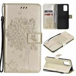 For OPPO F19 / A74 4G Tree & Cat Pattern Pressed Printing Horizontal Flip PU Leather Case with Holder & Card Slots & Wallet & Lanyard(Gold)