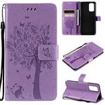 For OPPO A93 5G / A74 5G Tree & Cat Pattern Pressed Printing Horizontal Flip PU Leather Case with Holder & Card Slots & Wallet & Lanyard(Light Purple)