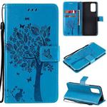 For OPPO A93 5G / A74 5G Tree & Cat Pattern Pressed Printing Horizontal Flip PU Leather Case with Holder & Card Slots & Wallet & Lanyard(Blue)
