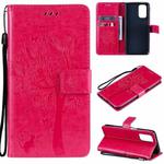 For OPPO A93 5G / A74 5G Tree & Cat Pattern Pressed Printing Horizontal Flip PU Leather Case with Holder & Card Slots & Wallet & Lanyard(Rose Red)