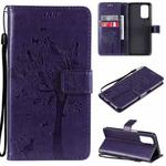 For OPPO A93 5G / A74 5G Tree & Cat Pattern Pressed Printing Horizontal Flip PU Leather Case with Holder & Card Slots & Wallet & Lanyard(Purple)