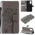 For OPPO A93 5G / A74 5G Tree & Cat Pattern Pressed Printing Horizontal Flip PU Leather Case with Holder & Card Slots & Wallet & Lanyard(Gray)
