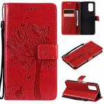 For OPPO A93 5G / A74 5G Tree & Cat Pattern Pressed Printing Horizontal Flip PU Leather Case with Holder & Card Slots & Wallet & Lanyard(Red)
