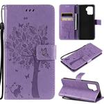 For OPPO A94 4G / F19 Pro / Reno 5F Tree & Cat Pattern Pressed Printing Horizontal Flip PU Leather Case with Holder & Card Slots & Wallet & Lanyard(Light Purple)