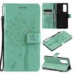 For OPPO Reno5 Pro+ 5G / Find X3 Neo Tree & Cat Pattern Pressed Printing Horizontal Flip PU Leather Case with Holder & Card Slots & Wallet & Lanyard(Green)