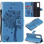 For OPPO Reno5 Pro+ 5G / Find X3 Neo Tree & Cat Pattern Pressed Printing Horizontal Flip PU Leather Case with Holder & Card Slots & Wallet & Lanyard(Blue)