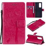 For OPPO Reno5 Pro+ 5G / Find X3 Neo Tree & Cat Pattern Pressed Printing Horizontal Flip PU Leather Case with Holder & Card Slots & Wallet & Lanyard(Rose Red)