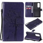 For OPPO Reno5 Pro+ 5G / Find X3 Neo Tree & Cat Pattern Pressed Printing Horizontal Flip PU Leather Case with Holder & Card Slots & Wallet & Lanyard(Purple)