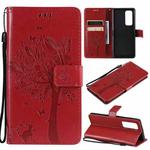 For OPPO Reno5 Pro+ 5G / Find X3 Neo Tree & Cat Pattern Pressed Printing Horizontal Flip PU Leather Case with Holder & Card Slots & Wallet & Lanyard(Red)