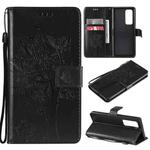 For OPPO Reno5 Pro+ 5G / Find X3 Neo Tree & Cat Pattern Pressed Printing Horizontal Flip PU Leather Case with Holder & Card Slots & Wallet & Lanyard(Black)