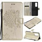 For OPPO Reno5 Pro+ 5G / Find X3 Neo Tree & Cat Pattern Pressed Printing Horizontal Flip PU Leather Case with Holder & Card Slots & Wallet & Lanyard(Gold)