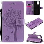 For OPPO Realme 8 4G / Realme 8 Pro 4G Tree & Cat Pattern Pressed Printing Horizontal Flip PU Leather Case with Holder & Card Slots & Wallet & Lanyard(Light Purple)