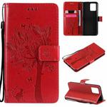 For OPPO Realme 8 4G / Realme 8 Pro 4G Tree & Cat Pattern Pressed Printing Horizontal Flip PU Leather Case with Holder & Card Slots & Wallet & Lanyard(Red)