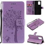 For OPPO Realme V13 5G / Realme 8 5G Tree & Cat Pattern Pressed Printing Horizontal Flip PU Leather Case with Holder & Card Slots & Wallet & Lanyard(Light Purple)