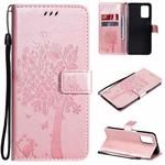 For OPPO Realme V13 5G / Realme 8 5G Tree & Cat Pattern Pressed Printing Horizontal Flip PU Leather Case with Holder & Card Slots & Wallet & Lanyard(Rose Gold)