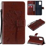 For OPPO Realme V13 5G / Realme 8 5G Tree & Cat Pattern Pressed Printing Horizontal Flip PU Leather Case with Holder & Card Slots & Wallet & Lanyard(Coffee)