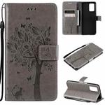 For OPPO Realme V13 5G / Realme 8 5G Tree & Cat Pattern Pressed Printing Horizontal Flip PU Leather Case with Holder & Card Slots & Wallet & Lanyard(Gray)