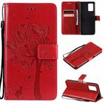 For OPPO Realme V13 5G / Realme 8 5G Tree & Cat Pattern Pressed Printing Horizontal Flip PU Leather Case with Holder & Card Slots & Wallet & Lanyard(Red)