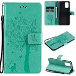 For Xiaomi Redmi Note 10 4G Tree & Cat Pattern Pressed Printing Horizontal Flip PU Leather Case with Holder & Card Slots & Wallet & Lanyard(Green)