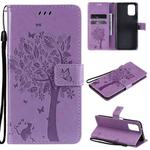 For Xiaomi Redmi Note 10 4G Tree & Cat Pattern Pressed Printing Horizontal Flip PU Leather Case with Holder & Card Slots & Wallet & Lanyard(Light Purple)