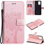 For Xiaomi Redmi Note 10 4G Tree & Cat Pattern Pressed Printing Horizontal Flip PU Leather Case with Holder & Card Slots & Wallet & Lanyard(Rose Gold)