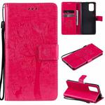 For Xiaomi Redmi Note 10 4G Tree & Cat Pattern Pressed Printing Horizontal Flip PU Leather Case with Holder & Card Slots & Wallet & Lanyard(Rose Red)