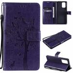 For Xiaomi Redmi Note 10 4G Tree & Cat Pattern Pressed Printing Horizontal Flip PU Leather Case with Holder & Card Slots & Wallet & Lanyard(Purple)