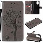 For Xiaomi Redmi Note 10 4G Tree & Cat Pattern Pressed Printing Horizontal Flip PU Leather Case with Holder & Card Slots & Wallet & Lanyard(Gray)