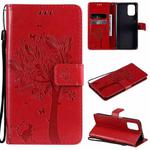 For Xiaomi Redmi Note 10 4G Tree & Cat Pattern Pressed Printing Horizontal Flip PU Leather Case with Holder & Card Slots & Wallet & Lanyard(Red)