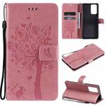For Xiaomi Redmi Note 10 Pro Tree & Cat Pattern Pressed Printing Horizontal Flip PU Leather Case with Holder & Card Slots & Wallet & Lanyard(Pink)
