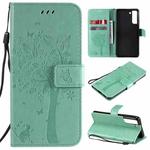 For Samsung Galaxy S21 FE Tree & Cat Pattern Pressed Printing Horizontal Flip PU Leather Case with Holder & Card Slots & Wallet & Lanyard(Green)
