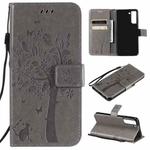 For Samsung Galaxy S21 FE Tree & Cat Pattern Pressed Printing Horizontal Flip PU Leather Case with Holder & Card Slots & Wallet & Lanyard(Gray)