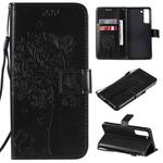 For Samsung Galaxy S21 FE Tree & Cat Pattern Pressed Printing Horizontal Flip PU Leather Case with Holder & Card Slots & Wallet & Lanyard(Black)