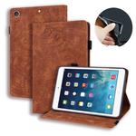 For iPad 10.2 2021 / 2020 / 2019 Calf Pattern Double Folding Design Embossed Leather Case with Holder & Card Slots & Pen Slot & Elastic Band(Brown)