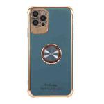 For iPhone 11 Pro Max Electroplating Solid Color TPU Four-Corner Shockproof Protective Case with Ring Holder (Gray Blue)