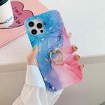 Frosted Watercolor Marble TPU Protective Case with Ring Holder For iPhone 12 / 12 Pro(Blue+Pink)