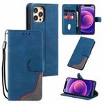For iPhone 12 / 12 Pro Three-color Stitching Calf Texture Horizontal Flip Leather Case with Holder & Card Slots & Wallet(Blue)