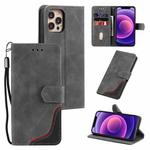 For iPhone 12 / 12 Pro Three-color Stitching Calf Texture Horizontal Flip Leather Case with Holder & Card Slots & Wallet(Grey)