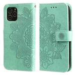 For iPhone 12 / 12 Pro 7-petal Flowers Embossing Pattern Horizontal Flip PU Leather Case with Holder & Card Slots & Wallet & Photo Frame(Green)