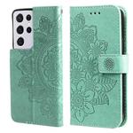 For Samsung Galaxy S21 Ultra 5G 7-petal Flowers Embossing Pattern Horizontal Flip PU Leather Case with Holder & Card Slots & Wallet & Photo Frame(Green)